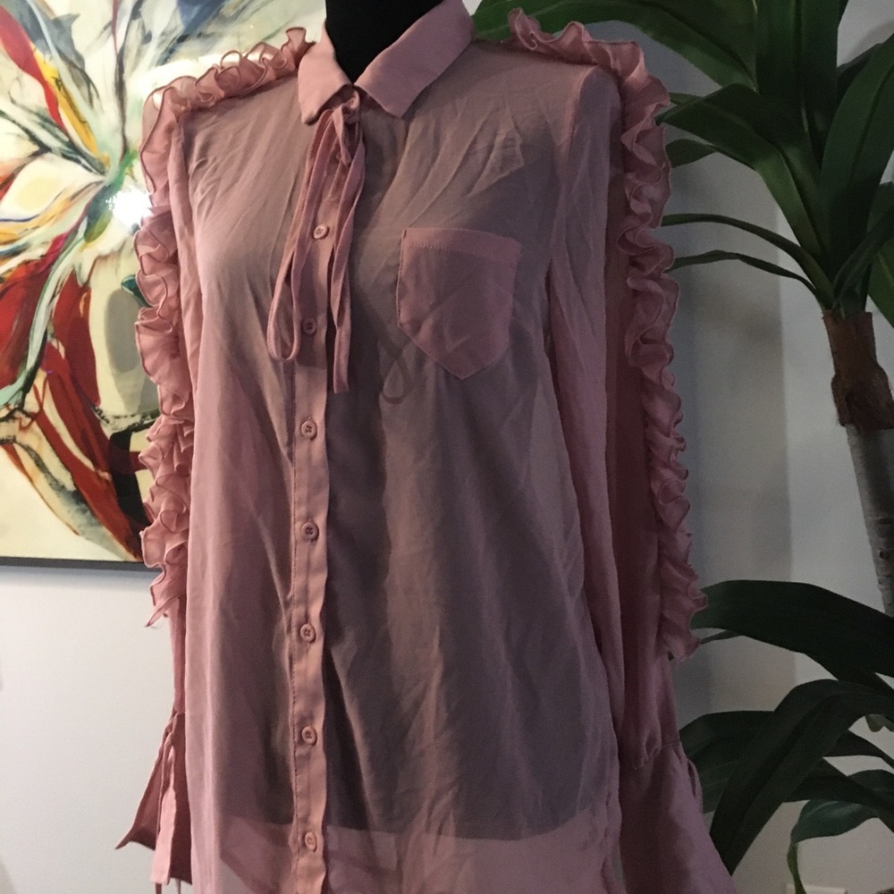 Pink Chiffon Ruffle Sleeve Blouse - Picture 4 of 5